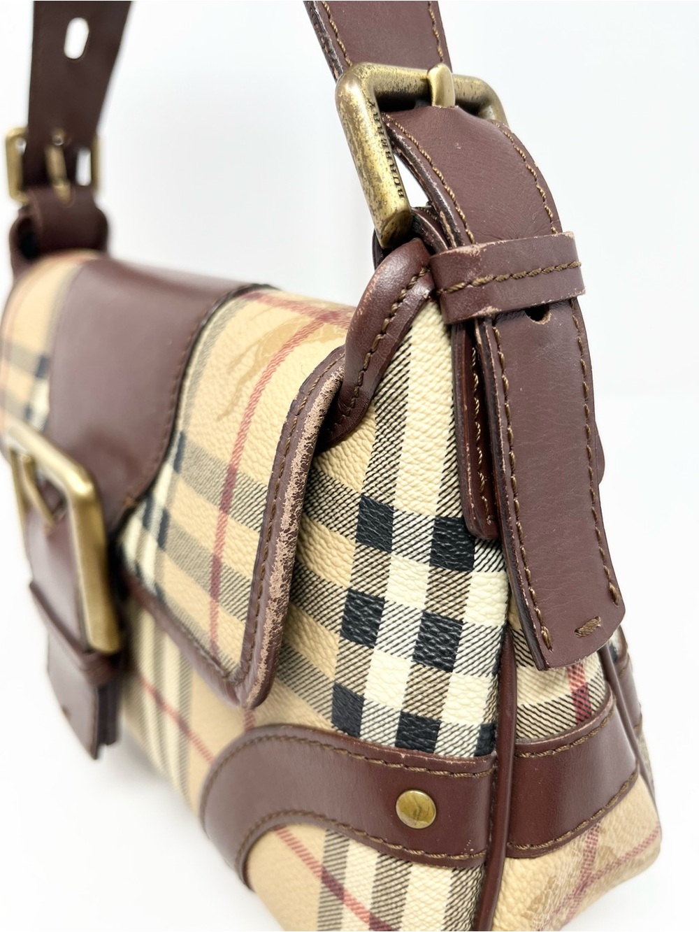 Vintage Vtg Burberry Y2K Haymarket Check Mini Shoulder Bag Beige Brown Leather - Picture 13 of 14